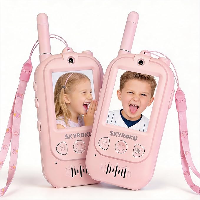 SKYROKU 2nd-Gen Video Walkie Talkies for Kids, 2000ft Long Range Rechargeable Walky Talkies, AI Virtual Costumes & Voice Changer, Outdoor Camping Toys Gift for Boys Girls Ages 3-12 (Pink 2 Pack)