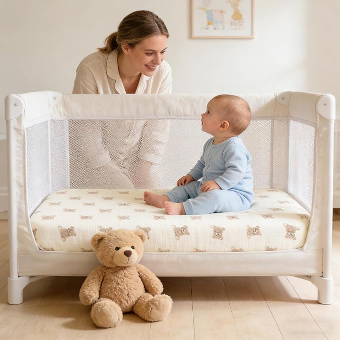 100% Organic Cotton Muslin Pack and Play Sheets Fitted 38”x26”, Mini Crib Sheets Compatible with Graco/hiccapop/YENING/Dream On Me/Babylicious Pack N Play Mattress, Playard Bedding Sheet Bed Cover