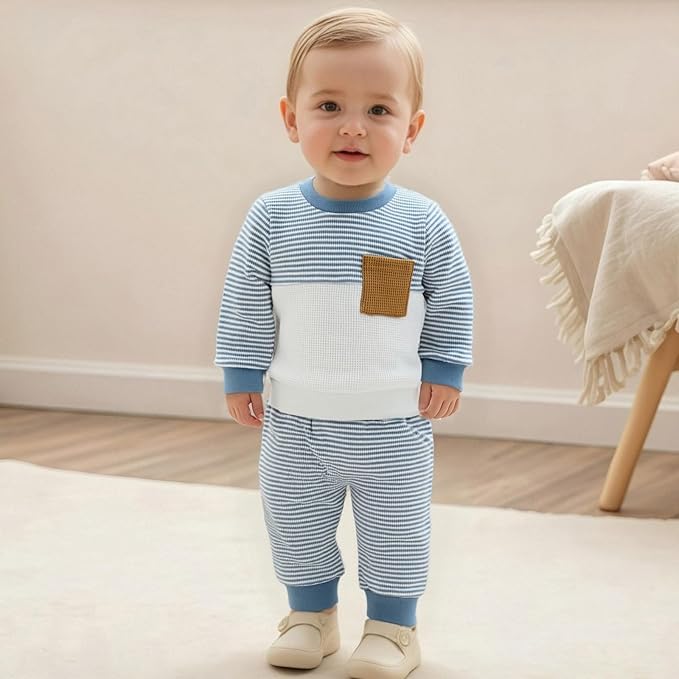 Toddler Baby Boy Fall Outfit Long Sleeve Crew Neck Contrast Color Sweatshirt Top Pant Cute Newborn Infant Waffle Clothes