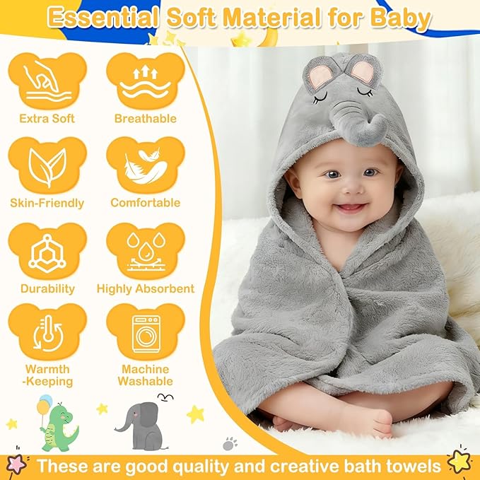 12 Pcs Baby Towel Set, Soft Baby Bath Towels and Washcloths Set, 2 Pcs Hooded Baby Towel, 2 Pcs Baby Burp Cloths and 8 Pcs Baby Washcloths for Infants, Toddlers and Kids (Dinosaurs & Elephants)