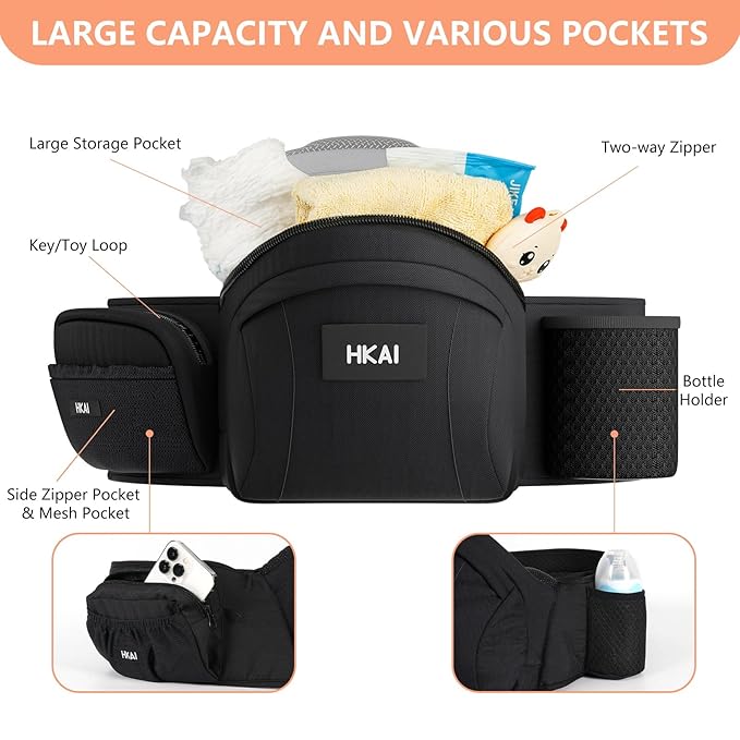 HKAI Baby Hip Carrier,Baby Carrier with Adjustable Waistband & Breathable Mesh, Ergonomic Carrier with Non-Slip Hip Seat Surface for Newborns & Toddlers (Black)