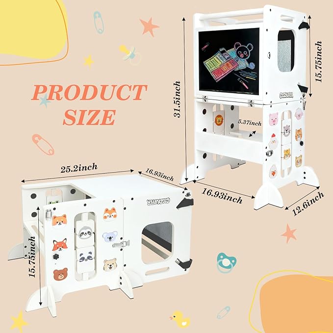 4-in-1 Toddler Kitchen Stool Helper, CPC Certified Foldable Toddler Tower, Learning Wooden Tower with Support Feet and Chalkboard, Anti-Drop Structure, Safe Design for Kids, White