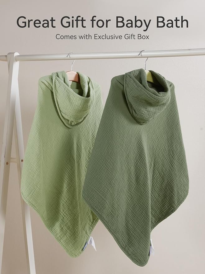TILLYOU Muslin Hooded Baby Towels for Newborn 2 Pack, 32x32Inch Soft Baby Bath Towel Highly Absorbent for Newborn and Infant, Essential for Newborn Care, Forest Green and Light Green