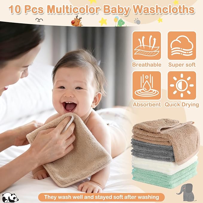 14 Pcs Baby Towels Set, Baby Towels and Washcloths Set,4 Pcs 32x32 in Cute Hooded Bath Towel & 10 Pcs Baby Washcloths for Infants, Toddlers and Kids - Dinosaurs, Pandas, Elephants & Moose