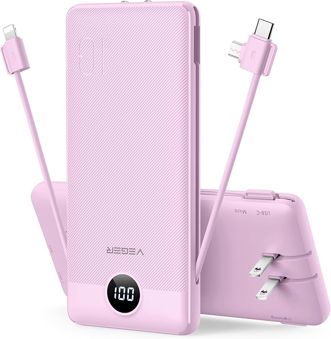 VEGER Portable Charger with Built-in AC Plug and Cables, All in One 10000mAh Ultra Slim Power Bank Travel Essentials, 15W Fast Charging Battery Pack Compatible with iPhone, Samsung, Android (Purple)