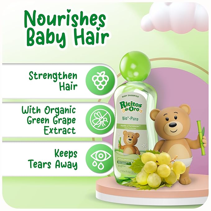 Ricitos de Oro Bio-Pure Baby Shampoo - Fortifies Hair, Adds Shine & Softness, Tear-Free Formula, Includes Rattle Cup, Gentle Daily Use, Ideal for Baby Hair Care, 250 ml, 3-Pack
