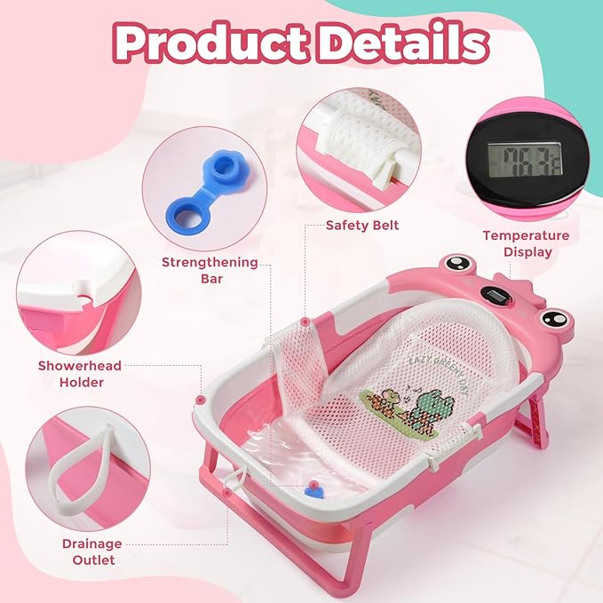 Baby Bathtub,Collapsible Baby Bath Tub with Soft Cushion & Thermometer, Space Saving Foldable & Travel Newborn Bathtub for Infant to Toddler 0-36 Months, Frog Pink