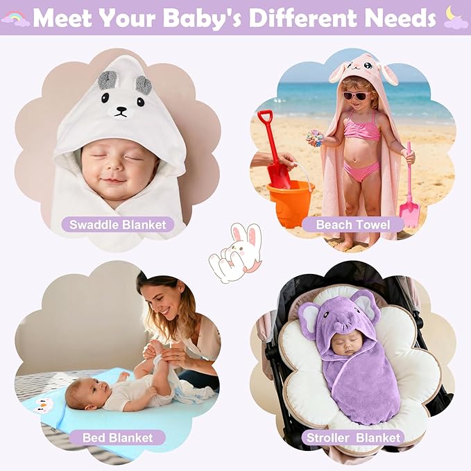 CandyHome 12 PCS Baby Bath Towels Set for Infants Toddlers, 4 PCS Animal Hooded Baby Towels & 8 PCS Washcloths Set, Ultra Absorbent Soft Cute Newborn Bath Essentials Gifts for Boys & Girls