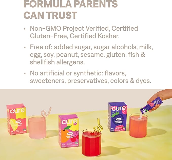 Cure Hydration - Kids Electrolyte Drink Mix | Plant-Based Pediatrician Formulated Rehydration | No Added Sugar, FSA-HSA, Non-GMO, Gluten-Free, No Artificial Flavors | 14 Packets - Mixed Berry
