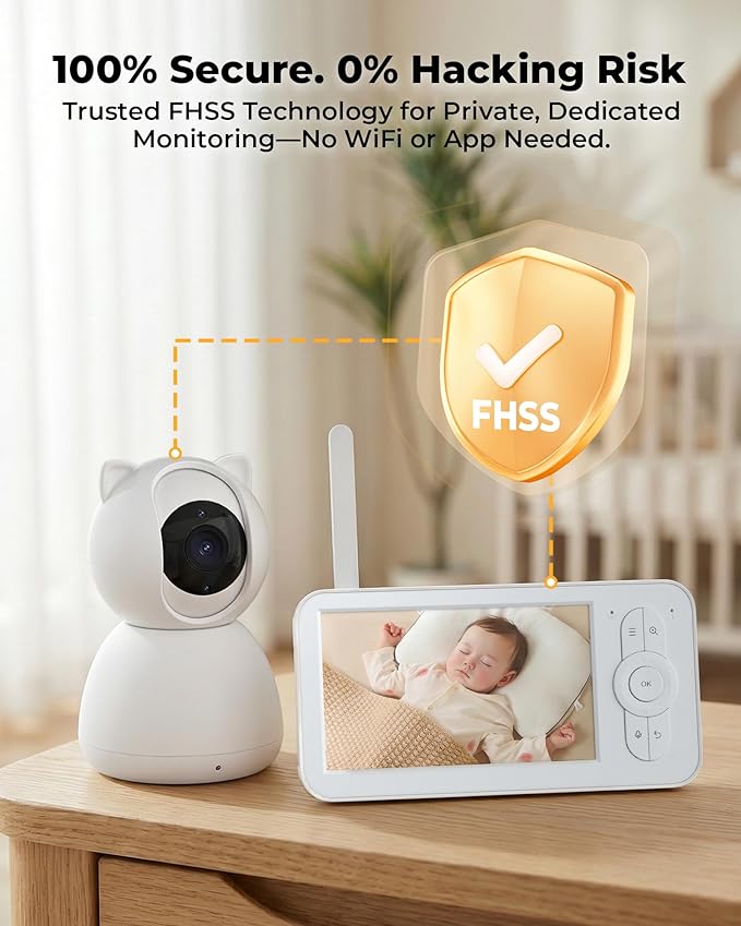 hazen No WiFi Baby Monitor with Camera and Audio, 5" Screen, 30-Hour Battery Life, Pan-Tilt-Zoom Camera, Night Vision, VOX, 2-Way Talk, 8 Lullabies, 1000ft Range, Baby Essentials, White