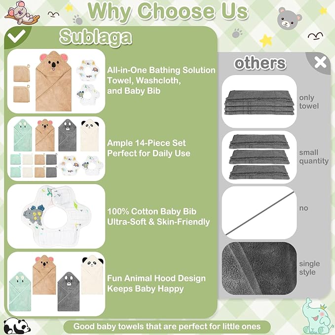 14 Pcs Baby Towels Washcloths and Baby Bibs Set, 4 Pcs 32x32 Hooded Bath Towel, 8 Pcs Baby Washcloths and 2 Pcs Cotton Baby Bibs for Newborns, Toddlers and Kids, Soft Baby Towel Set for Boys and Girls