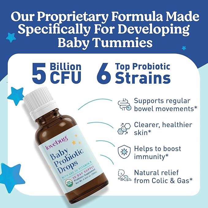 LOVEBUG Baby Probiotic Drops - Organic Probiotics for Immune Support and Baby Constipation & Colic Relief - Tasteless & Sugar-Free Liquid Drops for Newborns, Babies & Infants (0-12 Months) - 20ml