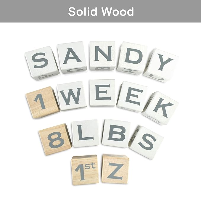 I'm Solid Wood Baby ABC Alphabet Milestone Age Blocks, Personalized Own Name, Gender Neutral, Newborn Gifts & Keepsakes for Picture Props (1.9" / 16 Pcs/White)