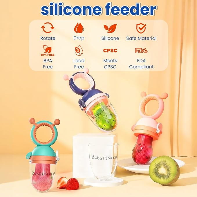 Baby Fruit Food Feeder Pacifier with 3 Different Size Silicone Pouch,Teethers for Babies 6-12Months, Baby Solid Food Essentials, Push Pop Silicone Feeder, Nutrition Feeder, BPA Free, 1 Pice, Orange