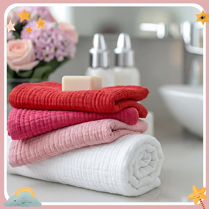 8 Pcs Baby Washcloths for Newborn 12 x 12 Inch Muslin Face Towels Cotton Absorbent for Delicate Skin Soft Muslin Cloth Reusable Baby Registry as Shower Gift, 4 Colors(Rose Red)