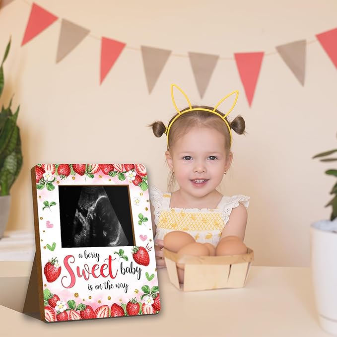 ALodr Strawberry Baby Shower Decorations, Baby Shower Sign Picture Frame, Berry Sweet Party Decor for Gender Reveal, Pregnancy Milestone Keepsake, Pregnancy Announcement Sonogram Photo Frames