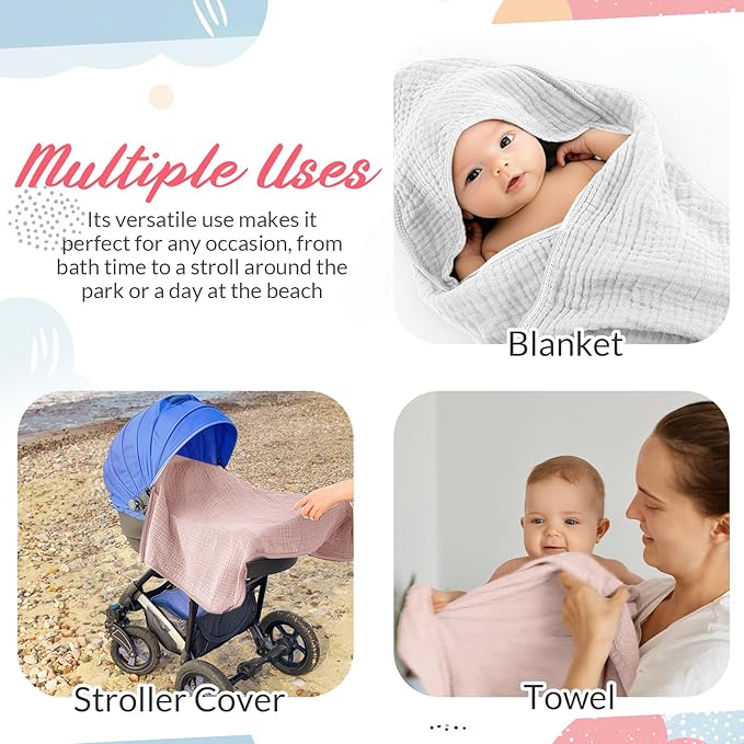 6 Pcs Muslin Hooded Bath Towels Washcloths and Bibs Set, Muslin Cotton Baby Towels Absorbent Hooded Blanket Towel Infant Bibs for Boys Girls Newborn Infant Essentials(Pink, Light Pink)