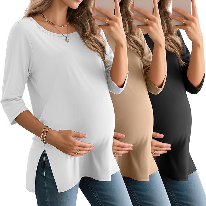 3 Pack Women's 3/4 Sleeve Maternity Shirts Elbow Length Clothes Round Neck Tunics Pregnancy Loose Side Split Tops