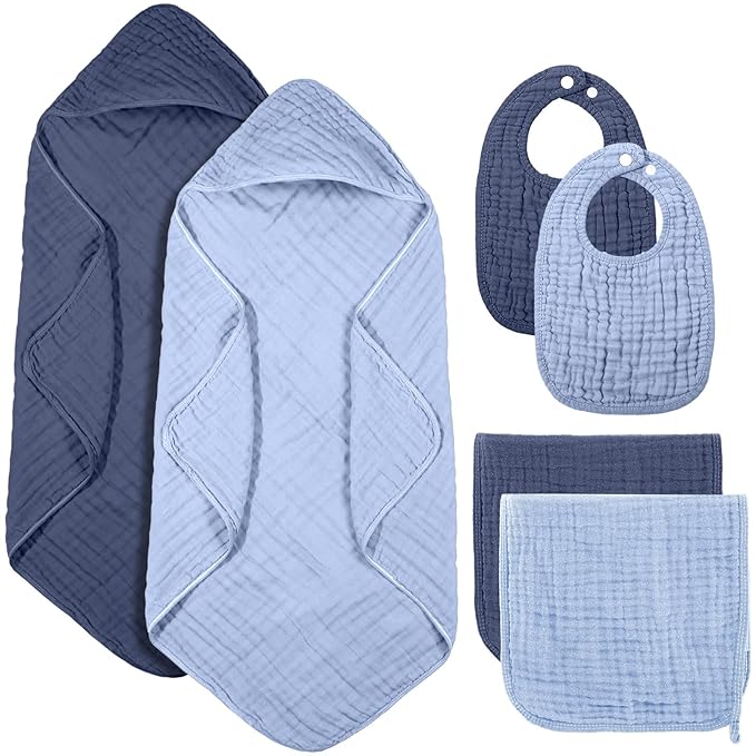 6 Pcs Muslin Hooded Bath Towels Washcloths and Bibs Set, Muslin Cotton Baby Towels Absorbent Hooded Blanket Towel Infant Bibs for Boys Girls Newborn Infant Essential(Dark Blue, Light Blue)