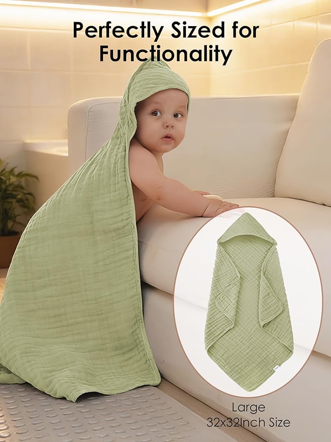 Muslin Hooded Baby Bath Towels - 3 Pack 100% Cotton Ultra-Soft Towels for Newborns, Infants, Toddlers - 32x32 Inch - Highly Absorbent, Quick-Dry Essentials for Bath, Beach, Pool, Green Blue Series