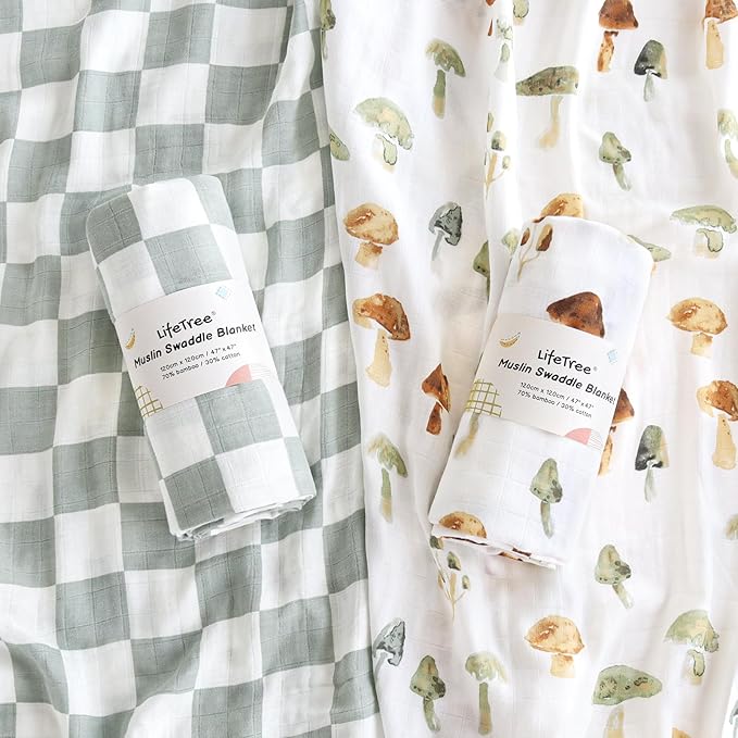 LifeTree Muslin Swaddle Blankets, Baby Swaddling Blanket for Boys Girls, Super Soft 70% Viscose from Bamboo and 30% Cotton, Large 47" x 47", Checkered & Mushroom, Newborn Baby Registry