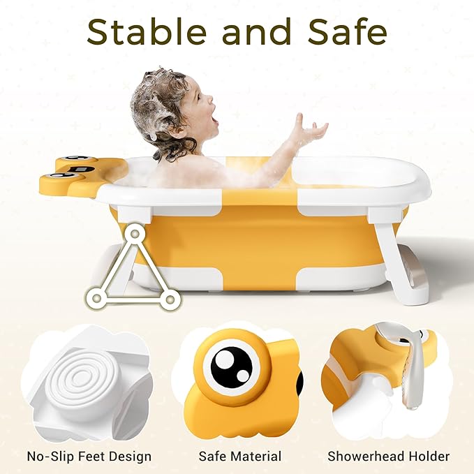 Baby Bathtub, Collapsible Newborn Bathtub for Infant to Toddler 0-24 Months with Soft Bath Net,Portable Travel Newborn Tub with No-Slip Feet, Baby Shower Gifts, Yellow