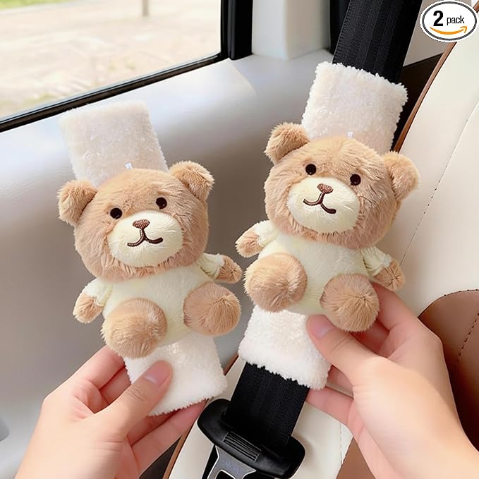 2 PCS Seat Belt Cover Pad, Cute Kawaii Animal Bear Seatbelt Covers for Kids and Adults, Winter Plush Fluffy Soft Seat Belt Cover, Cartoon Seatbelt Cushion,Car Seat Strap Pads (D-Bear)