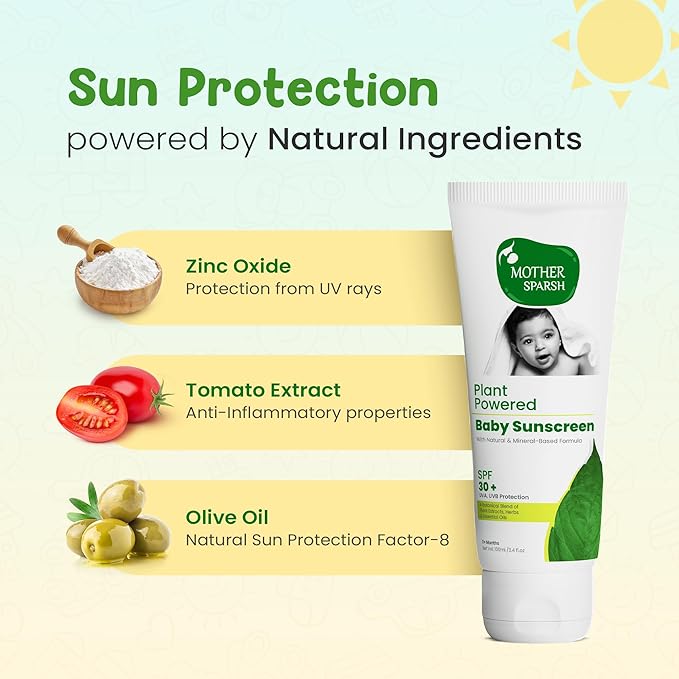Mother Sparsh Natural Baby Sunscreen Lotion with Organic Ingredients, SPF 30+, Plant derived 95% Bio Based Ingredients - UVA/UVB Protection, 100ml