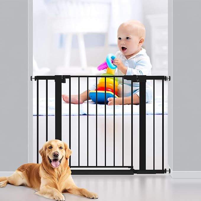 29-42 inches Metal Baby Gate for Stairs/Doorways, 30 inches Tall Pressure Mounted Pet Gates, Auto-Close Child Safety Gate, No Drilling Easy Walk-Through Dog Gate Indoor, Black