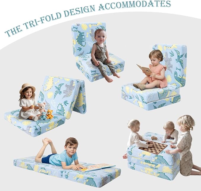 MeMoreCool Foldable Floor Mattress for Kids, Glow Dinosaur Trifold Nap Mat for Toddlers, Portable Sleeping Futon for Daycare or Floor Bed, 57x22 Inch