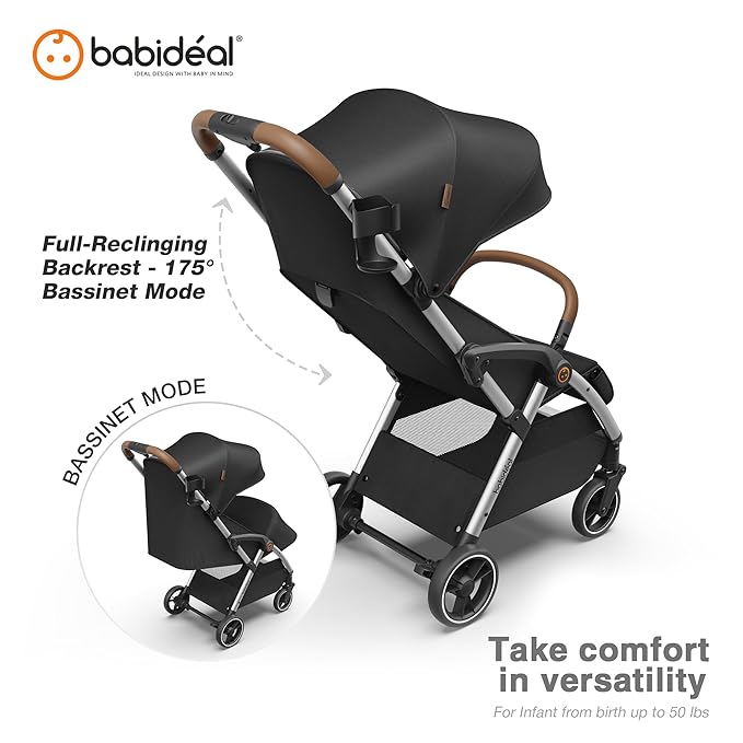 Babideal Lightweight Travel Stroller for Baby, Self-Folding Toddler Stroller with Large Canopy, Full-Reclining Seat, Cup Holder Included - Newborn to 50lbs. (Black)