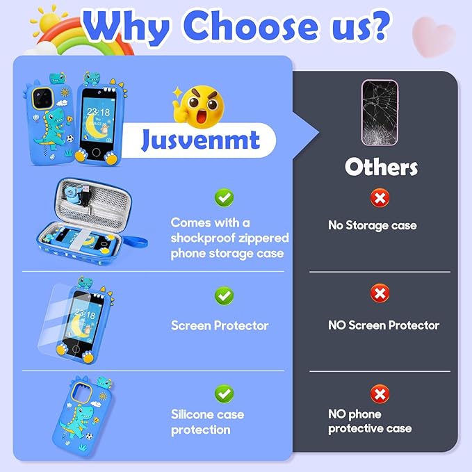 Kids Phone for Boys, Dinosaur Toy Phone Christmas Birthday Gifts for Boy Ages 3-10, Toddler Learning Phones with Touchscreen, 44 Game, Dual Camera, Music Player, 32GB Card & Dino Bag (Blue)