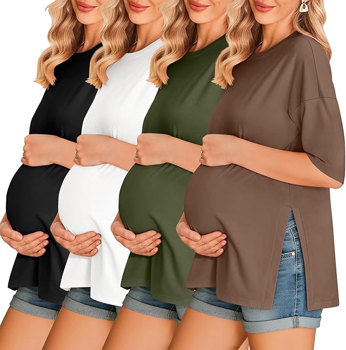 Ekouaer 4 Packs Women’s Maternity Shirts Short Sleeve Split Side Pregnancy Tee Tops Tunic Blouse Mama Clothes