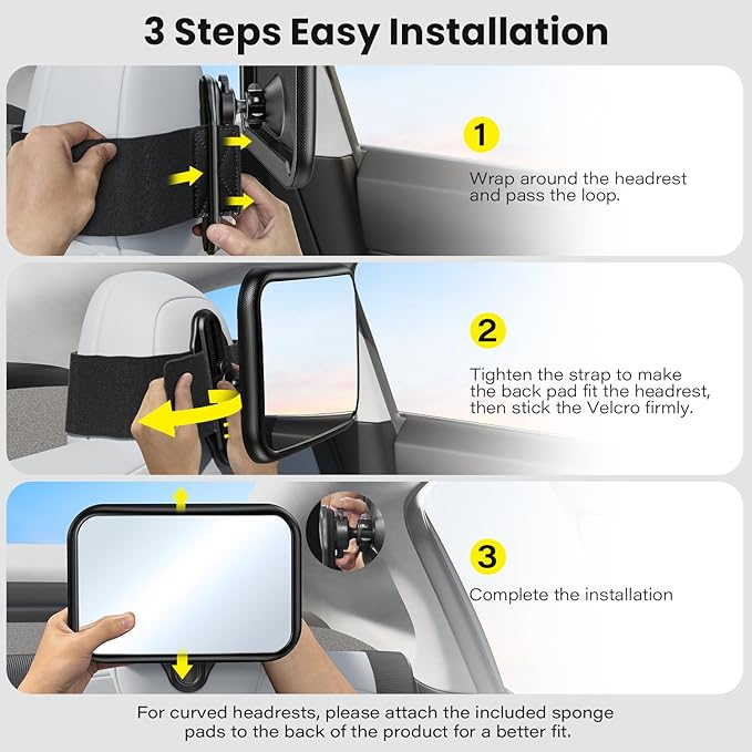 Fixed Headrest Car Mirror for Baby Rear Facing Fit Tesla and Other Models Shatterproof Baby Mirror for Car Back Seat 360° Wide Clear View Crash Tested Stable Velcro Strap Newborn Baby Essentials