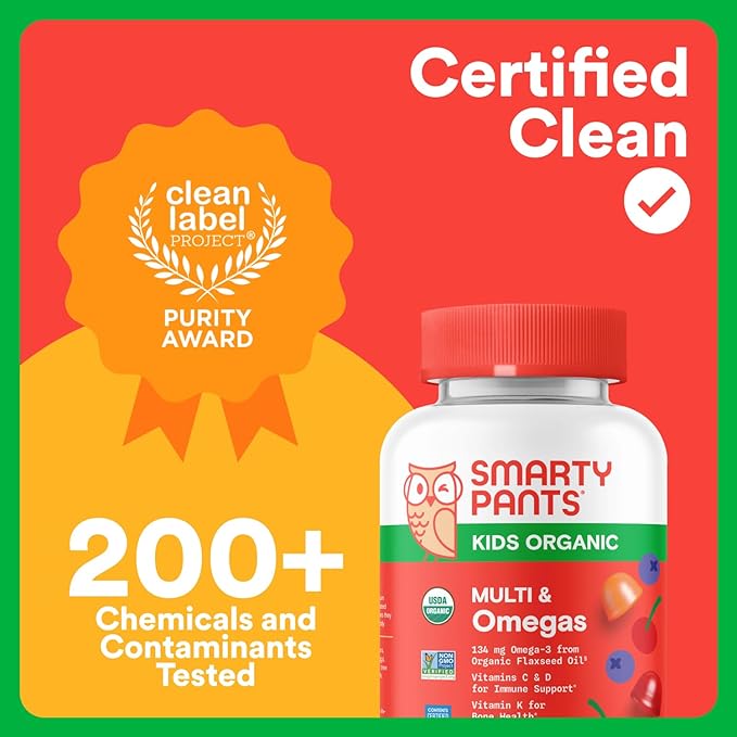 SmartyPants Organic Kids Multivitamin Gummies: Omega 3 (ALA), Vitamin D3, C, Vitamin B12, B6, A, K & Zinc for Immune Support, Biotin, Vegetarian, Three Fruit Flavors, 120 Count (30 Day Supply)