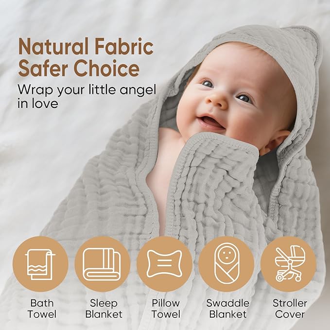 Muslin Baby Towels 100% Cotton ，Super Soft Muslin Baby Bath Towel - 32 x 32 Inches, Suitable for Newborn and Young Children up to 3 Years Old. (Light Blue & Dark Blue)