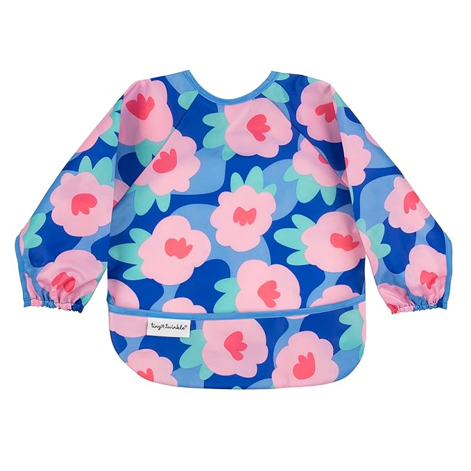 Tiny Twinkle Long Sleeve Bib for Babies & Toddlers | Waterproof Smock Bib for Eating | Machine Washable & Mess-Proof Feeding Essentials | Newborn Shower Gift (Floral Blue, 6–24M)
