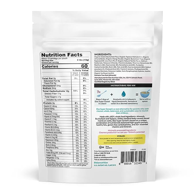 Else Nutrition Super Cereal For Babies 6 mo+, Made With Real Whole Plants for a Nutritionally Balanced meal, with gluten free carbs and plant protein (Mango, 6 Pack)
