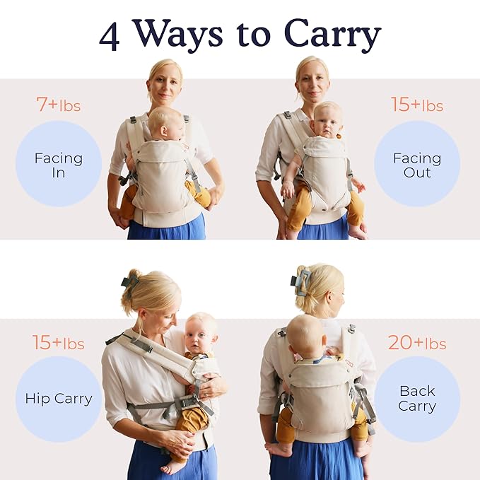 Beco Gemini 2.0 Baby Carrier Newborn to Toddler with M-Cloud™ Support - 4-Position Baby Carriers, Certified Hip-Healthy Newborn Carrier, Fully Adjustable to Fit All Parents (7–35 lbs) - Beige