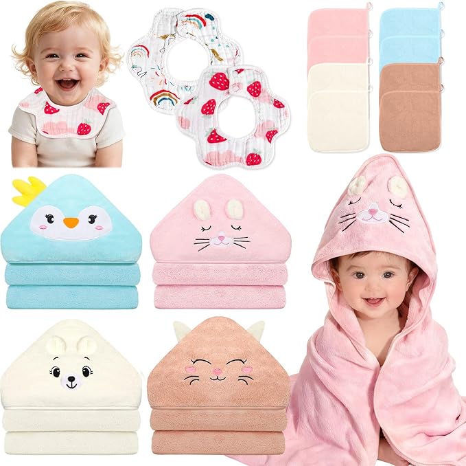 14 Pcs Baby Towels, Soft Baby Towel and Washcloths Set, 4 Pcs 32x32 in Hooded Bath Towel, 8 Pcs Baby Washcloths and 2 Pcs Cotton Baby Bibs for Newborns, Toddlers, and Kids for Boys and Girls