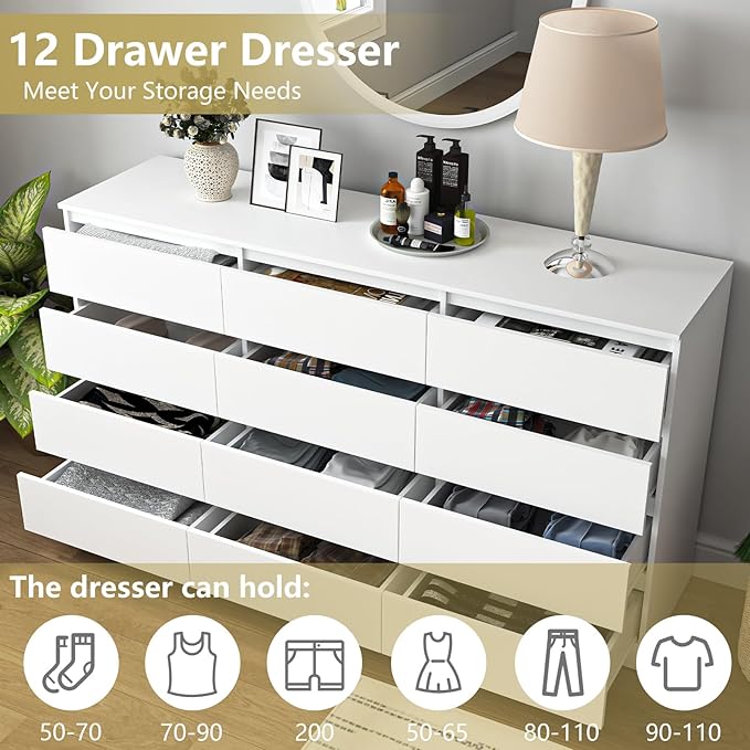 White 12 Drawer Dresser for Bedroom,Modern Long Deep Drawer Dresser,Wood Storage Chest of Drawer, Storage Organizer Drawers for Bedroom