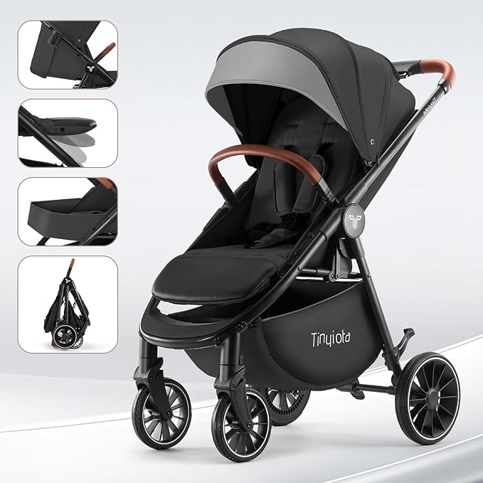 Tinyiota Stroller for Babies,Toddler Strollers with Large UPF 50+ Canopy,Luxury Baby Stroller with Leather Handle & Spacious Seat, One-Hand Foldable Pushchair,Baby Carriage with Lie-Flat Mode(Black)