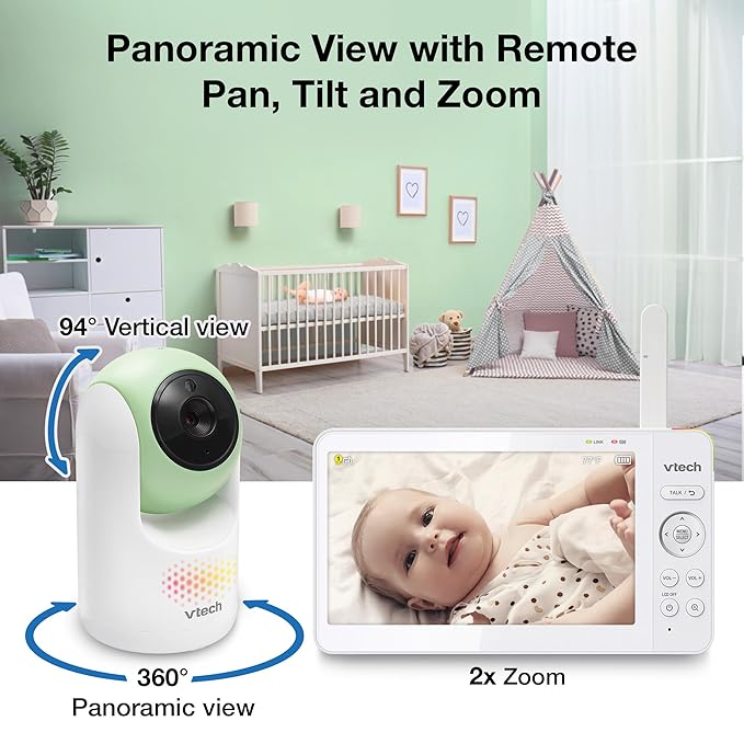 VTech Video Baby Monitor with 7" Color LCD Screen, Rechargeable Battery, Baby Monitor with Camera and Audio, Pan-Tilt-Zoom, No WiFi, Touch Multi-Color Night Light, 2-Way Talk, Advanced Max Green