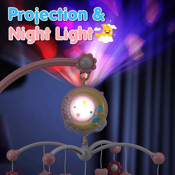 BOBXIN Baby Musical Crib Mobile for Bassinet with Projector and Night Light,150 Music,Timing Function,Take Along Mobile Musical Box and Rattle,Toy for Newborn Girls Boys