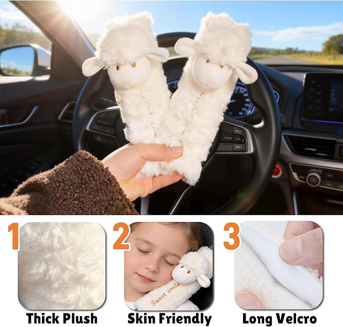 2 PCS Seat Belt Cover Pad, Cute Kawaii Animal Sheep Seatbelt Covers for Kids and Adults, Winter Plush Fluffy Soft Seat Belt Cover, Cartoon Seatbelt Cushion,Car Seat Strap Pads (G-Sheep)