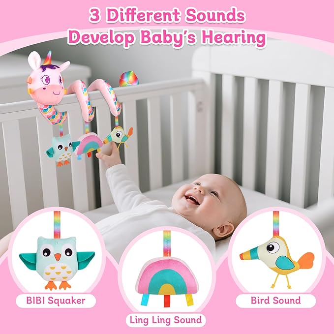 Car Seat Toys for Infants 0-6 months, Spiral Hanging Crib Stroller Activity Toys with Rattles, Baby Car Seat Accessories Toy for Developing Sensory & Motor Skills, Ideal Gift for Newborn Infant
