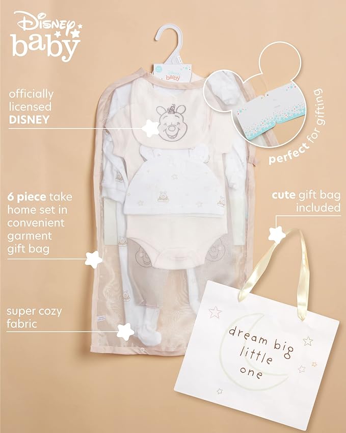 Disney Newborn Baby Girl Boy Clothes - 7 Piece Mickey Mouse Winnie the Pooh Bib Onesie Overall Beanie Pants Gift Bag Gift Set