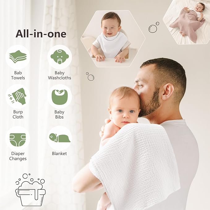 Susurration Muslin Burp Cloths 24x24 Inches Ultra Soft 100% Cotton, 4 or 7 Pack Baby Washcloths for Newborn, Absorbent Burp Rags & Swaddle Blankets