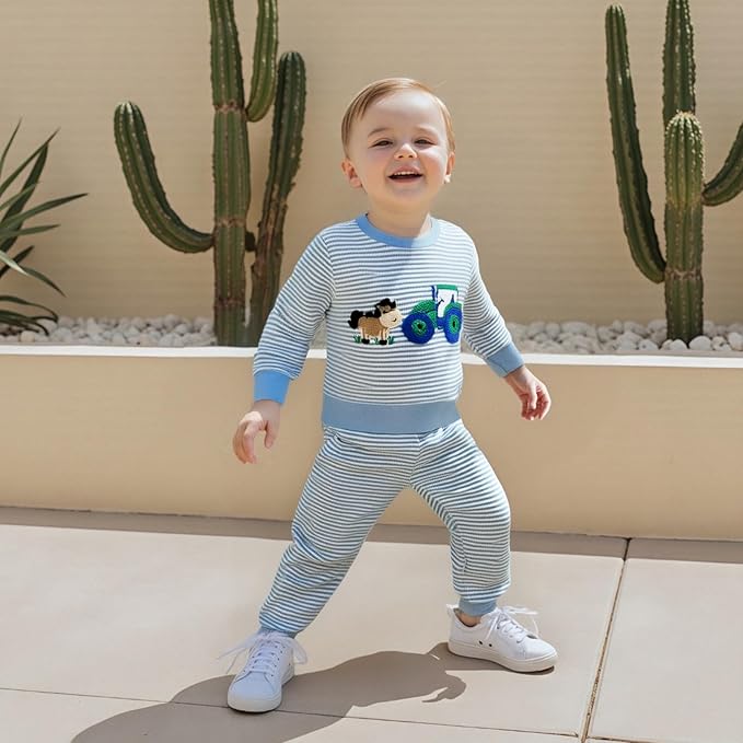 Toddler Baby Boy Fall Winter Outfits Tractor Print Long Sleeve Sweatshirt Pants Set Kids Sweatsuit Clothes