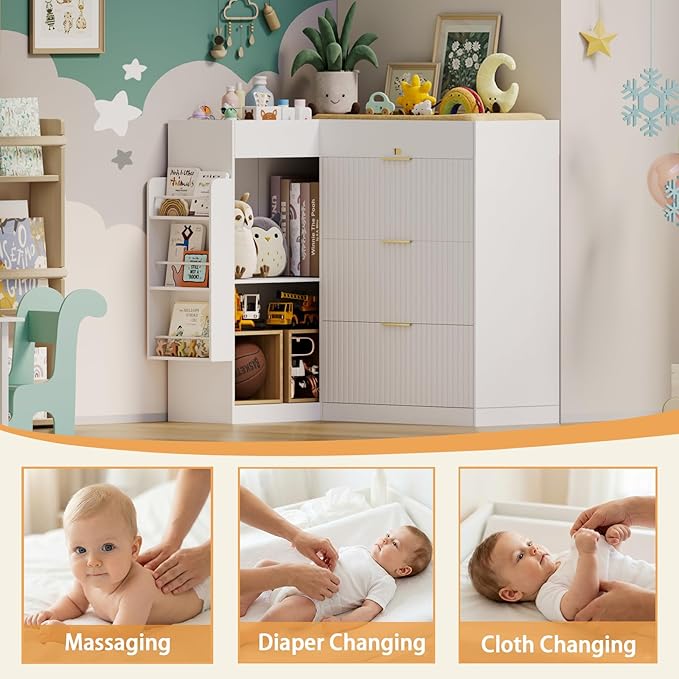 Nursery Changing Table Dresser,Diaper Changing Table with Storage,Corner Baby Dressing Table with 3 Drawers and 2 Shelves, Modern Storage Crib with Changing Station for Nurseries and Baby Rooms
